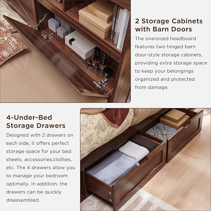 ACCOHOHO Farmhouse King Size Bed Frame with 52" High Storage Bookcase Headboard and 4 Drawers,Wooden Bed Frame with LED Light and Charging Station,Brown