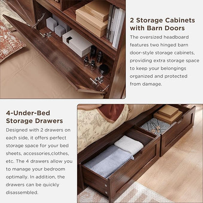 ACCOHOHO Farmhouse King Size Bed Frame with 52" High Storage Bookcase Headboard and 4 Drawers,Wooden Bed Frame with LED Light and Charging Station,Brown