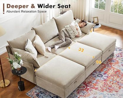 ABCASA 102.6" Luxury Modular Sleeper Sofa Bed 6 Seat Reversible Sectional Couch Deep Seat with Storage Chaises Removable Cover for Living Room, Apartment - Chenille Beige