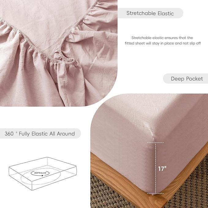 MooMee Fitted Bottom Sheet Only 100% Washed Cotton Linen Like Textured Breathable Durable Soft Comfy Deep Pocket Fits Mattress up to 17" (Greyish Pink, Twin)