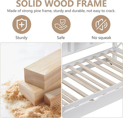 Full House Bed with Trundle Bed for Kids,Wooden Full Size Bed Frame with Roof Guardrails Wood Slats, Headboard for Boys Girls, No Box Spring Required, White