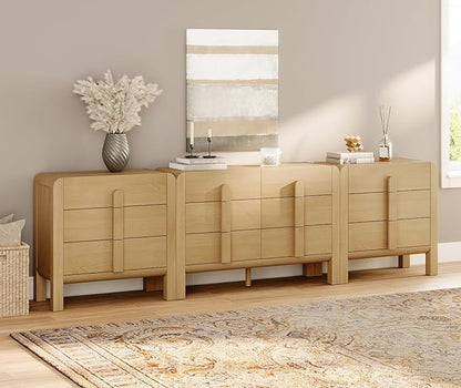 WAMPAT 3 Piece Bedroom Dresser Set, 110.2" Wide Mid Century Modern Chest of Drawers with Curved Handles, Dresser TV Stand with 12 Drawers, Wood Drawer Organizer for Bedroom, Oak