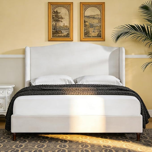Queen Size Bed Frame with 54" Extra Tall Headboard - Luxury Chenille Upholstered Wingback Platform Bed, 1000lbs Heavy Duty, No Box Spring Needed(Ivory White Chenille Camelback,Queen)