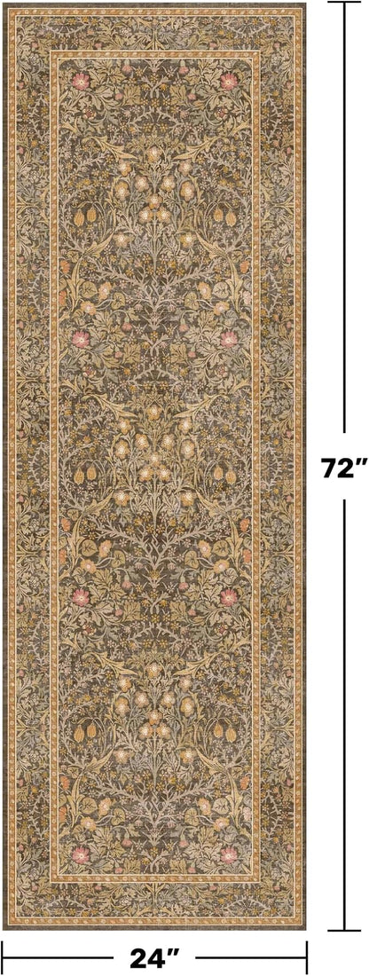 Gold Brown 2x6 Bathroom Runners Non Slip Washable, Low-Pile Runner Rugs for Kitchen, Entryway, Hallway, Laundry Room, Bedroom Bedside, Vintage Floral Stain Resistant Soft Carpet