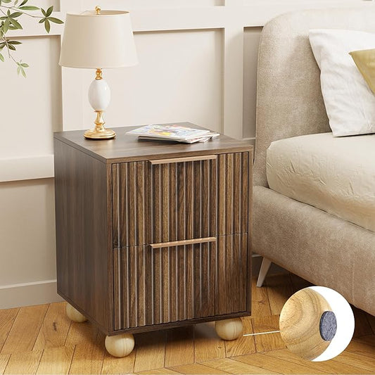 Fluted Nightstand, Walnut Finish Bedside Table with Spacious Storage Drawers, Night Stand with Solid Wood Round Legs for Bedroom, End Table, Side Table