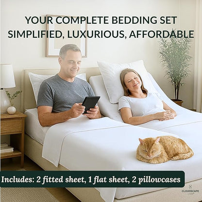 Cloud Scape Linen 100% Egyptian Cotton Split King Sheet Set for Adjustable Bed,400 Thread Count, 5 Pcs Bedding Set, Soft, Breathable and Durable, Deep Pockets up to 17, White