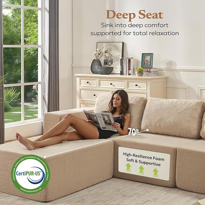 Loveseat Sofa, Cloud Modular Sofa Couch, Upholstered Floor Sofa with Deep Seat, Upholstered Foam Couch for Bedroom Living Room, No Assembly Required (Teddy Boucle, Camel)