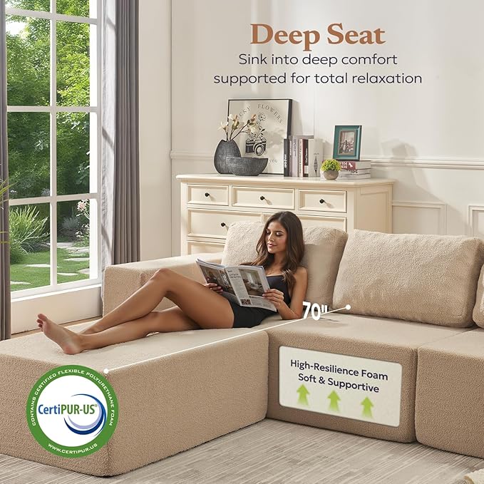 106" 3-Seater Sofa, Cloud Modular Sofa with Certified Foam, Upholstered Floor Sofa with Deep Seat, Upholstered Sofa for Bedroom Living Room, No Assembly Required (Teddy Boucle, Camel)