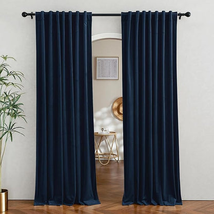 RYB Home Velvet Curtains for Sliding Door - Velevt Luxury Room Divider Back Tab Thermal Insulated Blackout Elegant Decor for Bedroom Living Room, Navy Blue, W62 x L96 inches, 2 Panels