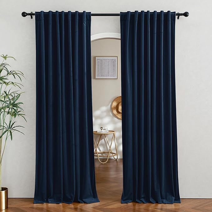 RYB Home Navy Blue Velvet Curtains 84 inches Long - Room Darkening Luxury Window Treatment Privacy Thermal Insulated Backdrops for Living Room, 62 inch x 84 inches, 2 Panels Set