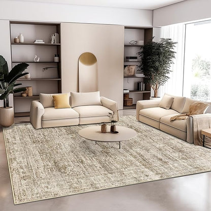 9x12 Area Rugs for Living Room, Non Slip Machine Washable Vintage Rugs, Low Pile Lightweight Large Rug for Bedroom, Dining Room, Home Office Brown