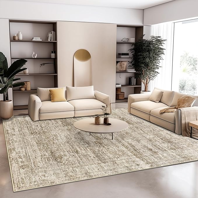 Area Rug 10x12 Vintage Washable Living Room Large Carpet Non Slip Bedroom Indoor Office Dining Room Low Pile Thin Rug Brown