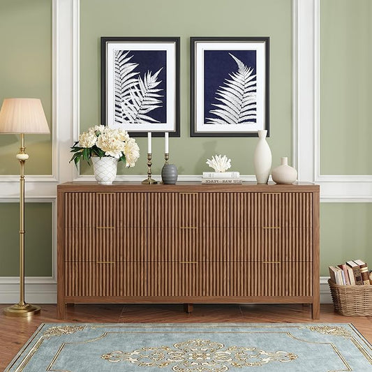 Modern 9 Drawer Dresser, Mid-Century Storage Chest with Solid Wood Legs, Large Organizer Cabinet & TV Stand for Bedroom, Living Room, or Hallway, Walnut Oak