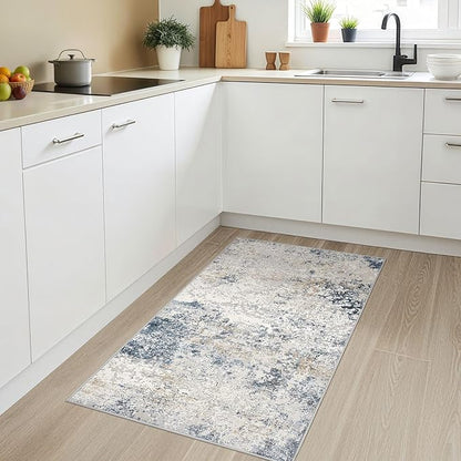 Washable Area Rug: 3x5 ft Abstract Small Rugs for Entryway Kitchen Living Room Bedroom - Non Slip Modern Neutral Carpet Indoor Front Door - Beige Blue