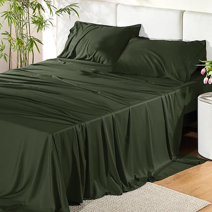 Bedsure California King Sheet Sets, Cooling Sheets, Rayon Derived from Bamboo, Breathable & Soft, Deep Pocket Up to 16 Inches, Hotel Luxury Silky Bedding for Hot Sleepers, Olive Green