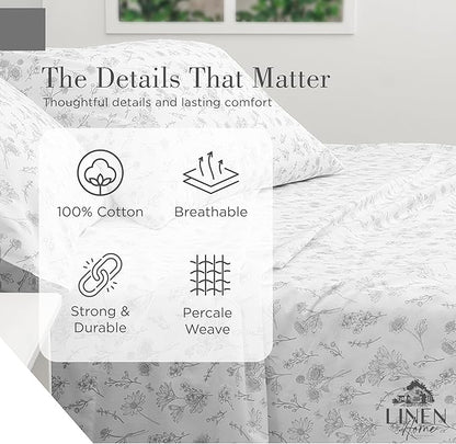 Linen Home 100% Cotton Printed Percale Sheets California King Size, Deep Pocket, 4 Pieces Set - 1 Flat, 1 Deep Pocket Fitted Sheet and 2 Pillowcases, Crisp Cool Bed Linen, Grey Botanical Floral