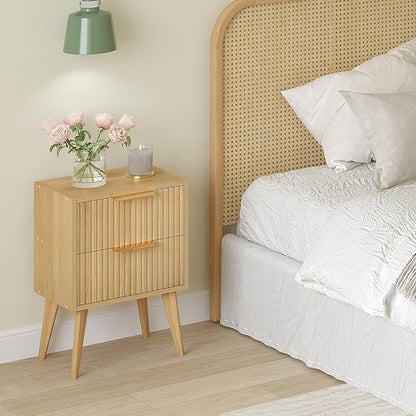 YAUKOMEL Fluted Nightstand,Small Bedside Table,Natural Wood Night Stand,Light Wood Side Table with Solid Wood Legs,End Table for Bedroom,Small Space 11.8" D x 16" W x 22.4" H Natural CTG55Y