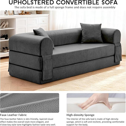 78.5" Convertible Sleeper Sofa Bed, Faux Leather Folding Floor Sofa with Pullout Bed&2 Pillows, No Assembly Modern Boneless Couch Compression Sofa in Box with Storage Pocket for Living Room, Gray