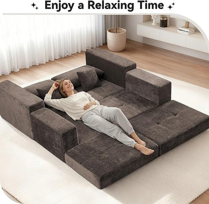 Boneless Sectional Loveseat Couch with Ottoman, Convertible Tufted Button Modular Floor Sleeper Sofa Bed, Comfy Foldable Compression Love Seat Sofa for Living Room, No Assembly, Brown