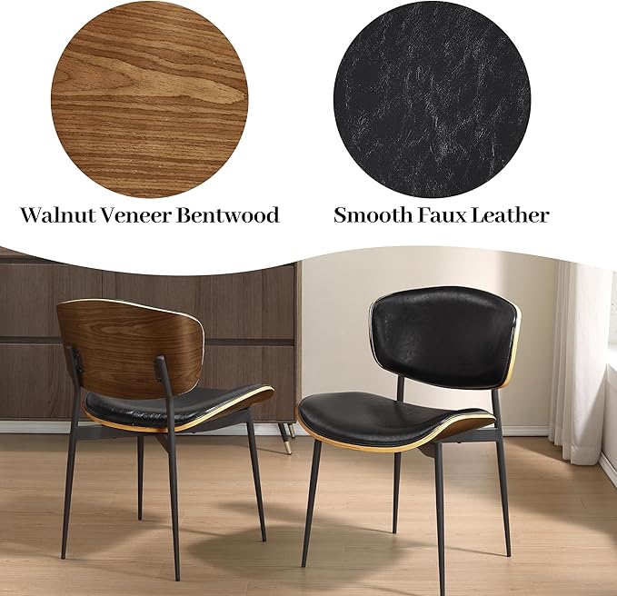Art Leon Dining Chairs Set of 4, Walnut Bentwood, Mid Century Modern Dining Room Chairs, Faux Leather Upholstered Desk Chair with Black Metal Legs, Black