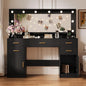44.8" Large Vanity Desk with Lighted Mirror & Power Outlet, Black Makeup Vanity Desk with Mirror and Lights, Black Vanity Table with 5 Drawers and 2 Cabinets, Dressing Table for Bedroom