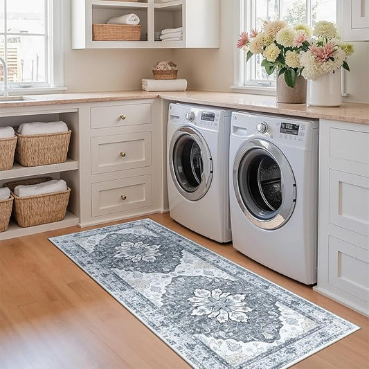 Area Rugs 2'x5' Washable Non-Slip, Floral Vintage Distress Print Pattern Medallion Carpet for Living Room Bedroom Dining Room, Light Gray Grey White