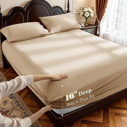 LBRO2M 1000 Thread Count 100% Egyptian Cotton Sheets Set King Size, 4 Piece Sets Bed Sheet Deep Pocket Sheet Set 16" Soft Comfortable All Season (King, Cream)