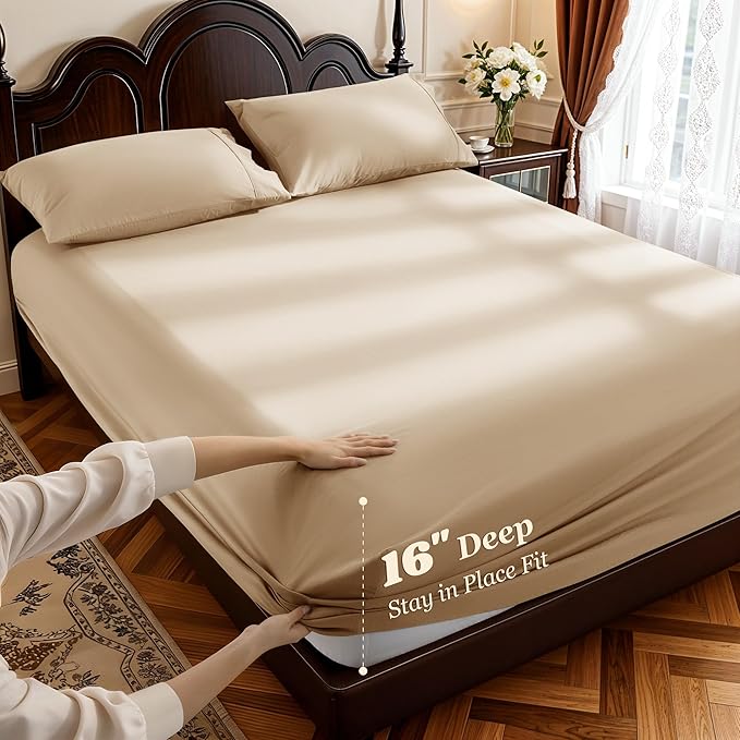 LBRO2M 1000 Thread Count 100% Egyptian Cotton Sheets Set California King Size, 4 Piece Sets Bed Sheet Deep Pocket Sheet Set 16" Soft Comfortable All Season (Clifornia King, Cream)