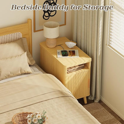 Huuger Narrow End Table with Charging Station, USB-C Port, Fluted Nightstand with Storage Cabinet, Back Rack, Side Table for Small Spaces, 13.4 × 23.6 Inch Night Stand with Storage, Natural
