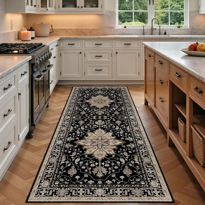 Area Rugs 3'x8' Washable Non-Slip, Floral Vintage Distress Print Pattern Medallion Carpet for Living Room Bedroom Dining Room, Black Brown Neutral Dark Tan