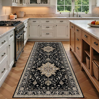 Area Rugs 3'x6' Washable Non-Slip, Floral Vintage Distress Print Pattern Medallion Carpet for Living Room Bedroom Dining Room, Black Brown Neutral Dark Tan