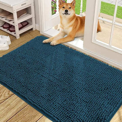 OLANLY Dog Door Mat for Muddy Paws 48x30, Absorbs Moisture and Dirt, Absorbent Non-Slip Washable Doormat, Quick Dry Chenille Mud Mat, Entry Indoor Entryway Carpet for Inside Floor, Atlantic Blue