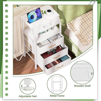 Furnulem Night Stand with Charging Station, 28.3 Inch Tall Bedside Table with PVC Drawers, End Table with USB Ports and Outlets, 3 Fabric Drawer Storage Nightstand for Bedroom, 3 Ways to Use, White