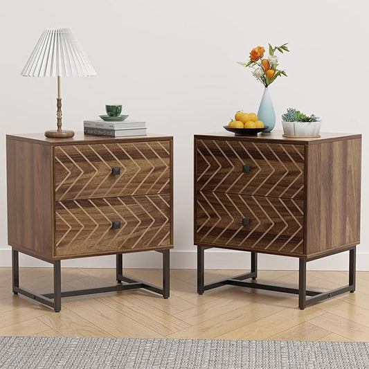 Modern Nightstand Set of 2,Morden Night Stand with 2 Drawers,End Tables with Storage,Bedside Tables for Bedroom,Walnut