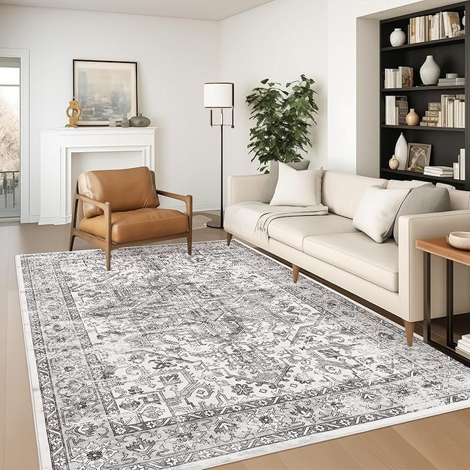 zesthome 5x7 Area Rugs - Ultra-Thin Washble Rug, Stain Resistant Anti Slip Backing Rugs for Living Room,Bedroom, Vintage Home Decor Area Rug (Grey/White,5'x7')