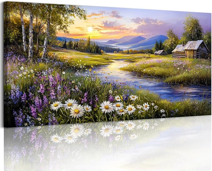 SERIMINO Large Wall Art Prints, Rural Landscape Wall Decor, Meadow Wildflower Canvas Painting, River Cottage Pictures Home Decor Living Room Bedroom, Green Scenery Farmhouse Decor Artwork 20"X40"