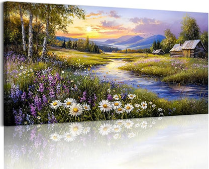SERIMINO Large Wall Art for Living Room, River Landscape Wall Art, Meadow Wildflower Canvas Art Prints, Countryside Sunset Paintings Wall Decor for Bedroom, Farmhouse Kitchen Decor Pictures 24"X48"