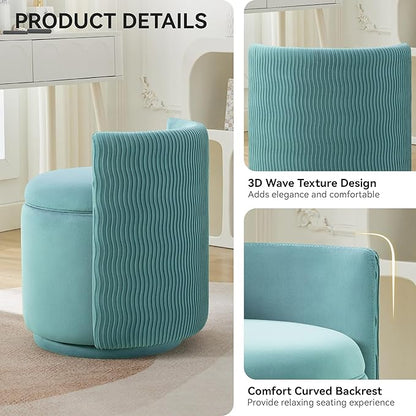 Velvet Vanity Chair with Storage, 360° Swivel Makeup Chair with Wave Back, No Assembly Small Accent Stool for Bedroom, Dressing, Living Room, Teal