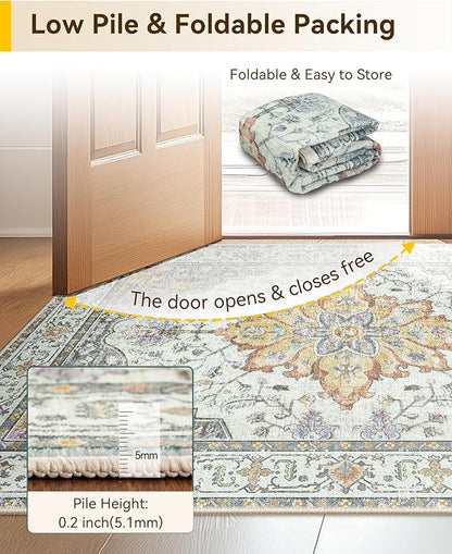 Area Rugs 2'6''x14' Washable Non-Slip, Floral Vintage Distress Print Pattern Medallion Carpet for Living Room Bedroom Dining Room, Light Yellow Carbon Grey Orange