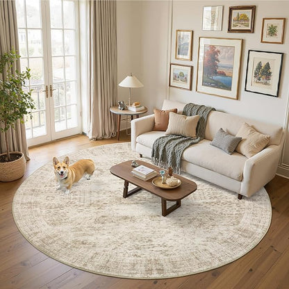 8x8 Beige Round Rug 8ft Living Room Circle Rug Vintage Round Area Rug Non Slip Indoor Carpet for Apartment