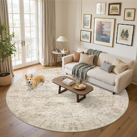 9x9 Beige Round Rug 9ft Living Room Circle Rug Vintage Round Area Rug Non Slip Indoor Carpet for Apartment