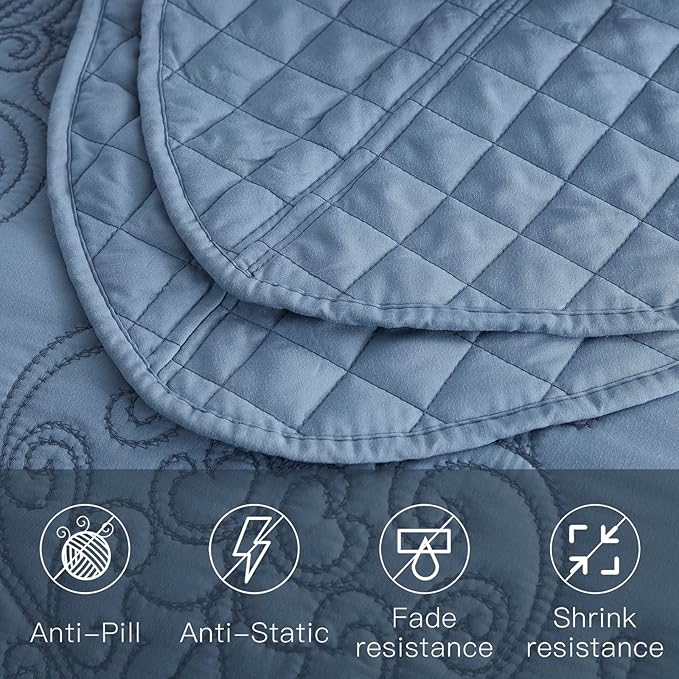 CHIXIN Bedspread Coverlet Quilt Set Full Size - Lightweight Bedding Cover - Beautiful Stitching - 5 Piece Reversible Bedspread - Luxury Damask Paisley Pattern (Full, Ashley Blue)
