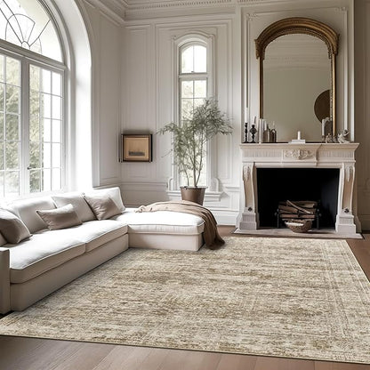7x9 Area Rug for Living Room Washable Abstract Vintage Soft Thin Indoor Floor Non-Slip Carpet for Bedroom Dining Room Brown