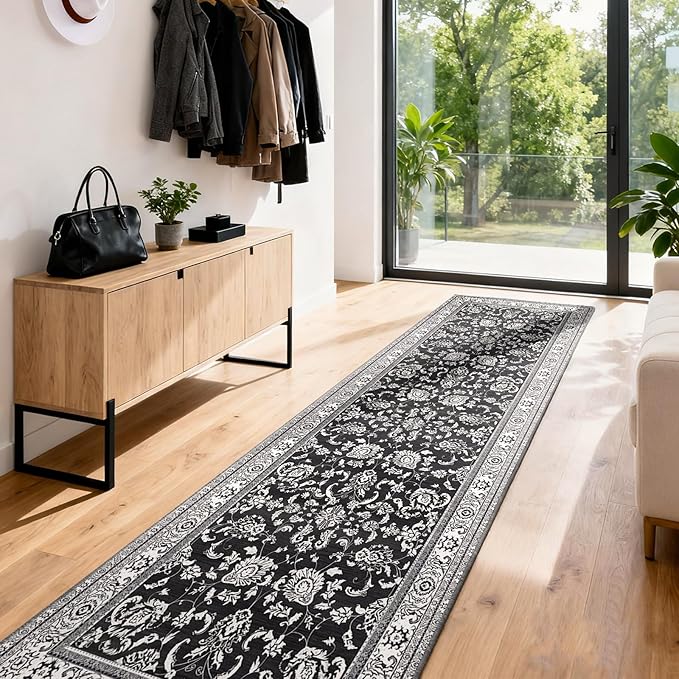 3x6 Washable Floral Runner Rug: Runners for Hallways Non Slip Indoor Rugs Low Pile Kitchen Runner Ultra Soft Vintage Rug Floor Carpet for Bedroom Living Room Dining Bathroom Black White