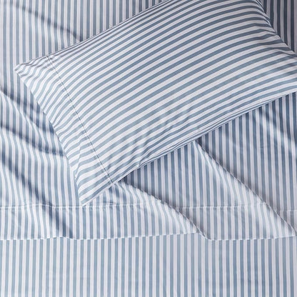 Amazon Basics Lightweight Super Soft Easy Care Microfiber 3 Piece Bed Sheet Set With 14-inch Deep Pockets - Twin, Dusty Blue Pinstripe,Printed