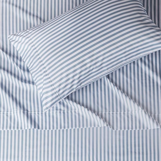 Amazon Basics Lightweight Super Soft Easy Care Microfiber 3 Piece Bed Sheet Set with 14-inch Deep Pockets - Twin, Dusty Blue Pinstripe,Printed (Pack of 4)