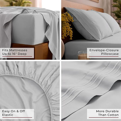 Mellanni Queen Sheet Set - 6-Piece Iconic Collection Bedding, (Including 4 Pillowcases), 16-Inch Deep Pocket, Easy Care, Extra Soft, Cooling Sheets, Brushed Microfiber - Light Gray