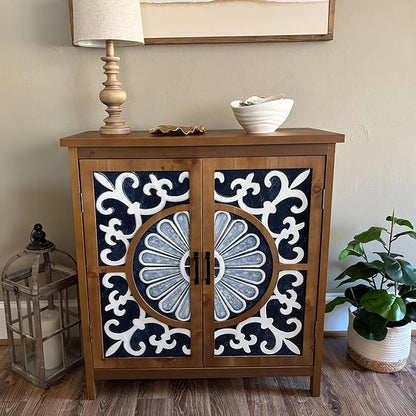 PHI VILLA Blue Accent Cabinet with Doors, Small Buffet Sideboard for Living Room Entryway Cabinet