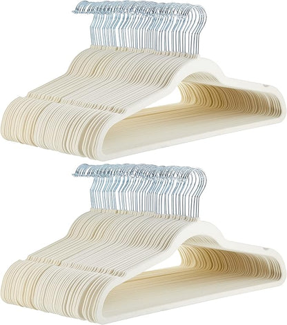 Amazon Basics Slim, Velvet, Non-Slip, Space-Saving Suit Clothes Hangers, Pack of 100, Ivory/Beige