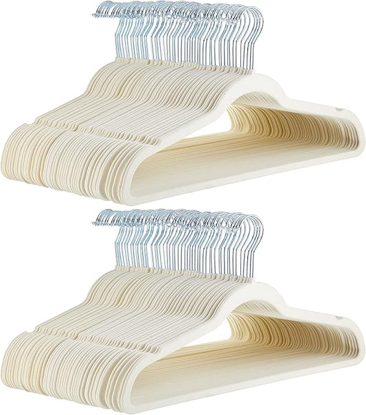 Amazon Basics Slim, Velvet, Non-Slip, Space-Saving Suit Clothes Hangers, Pack of 100, Ivory/Beige